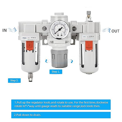 NANPU 3/4" NPT Air Filter, Regulator & Lubricator (FRL) Combo - Water/Oil Trap Separator - Pressure Gauge(0-150 psi), 5 Micron Brass Element, Semi-Auto Drain, Poly Bowl, Metal Bracket