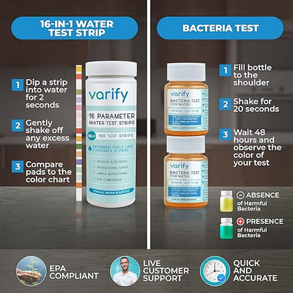 Varify 17in1 Complete Drinking Water Test Kit - 100 Strips + 2 Bacteria Tester Kits - Well, Tap, Home, City Water Testing Strip for Lead, Alkaline, Chlorine, Hardness, Iron, Fluoride, Copper & More
