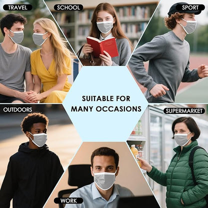 100PCS Grey 3 ply Disposable Face Masks,Protection Face Masks For Home,School,Office and Outdoors
