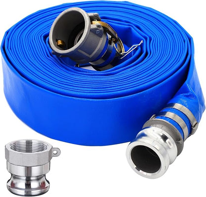 DAVCO 2" ID × 25 ft PVC Lay Flat Discharge Hose, Heavy Duty Reinforced Blue Pool Backwash Hoses For Swimming Drain Pools, with Aluminum Camlock C and E Fittings, Cam Lock Fitting Type A included