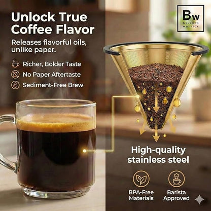 Barista Warrior Compatible with Hario V60 Pour Over Coffee Filters - Reusable Stainless Steel - Best Coffee Maker and Bar Accessories (Gold Titanium Coated)