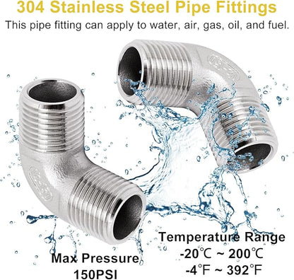1/2" x 1/2" NPT 90 Degree Elbow 304 Stainless Steel Pipe Fittings Male Threaded Coupler, 2 Pack