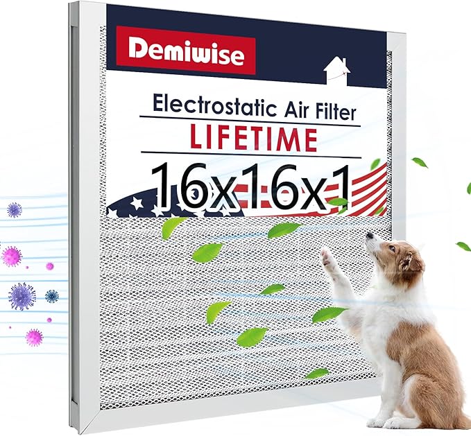 16x16x1 (Actual Size:15.47x15.47x0.82 Air Filter, Washable & Reusable Aluminum AC/HVAC Furnace Electrostatic Filter, Lifetime Permanent Air Filter, Easy to Clean, Healthier Home/Office)