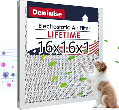 16x16x1 (Actual Size:15.47x15.47x0.82 Air Filter, Washable & Reusable Aluminum AC/HVAC Furnace Electrostatic Filter, Lifetime Permanent Air Filter, Easy to Clean, Healthier Home/Office)
