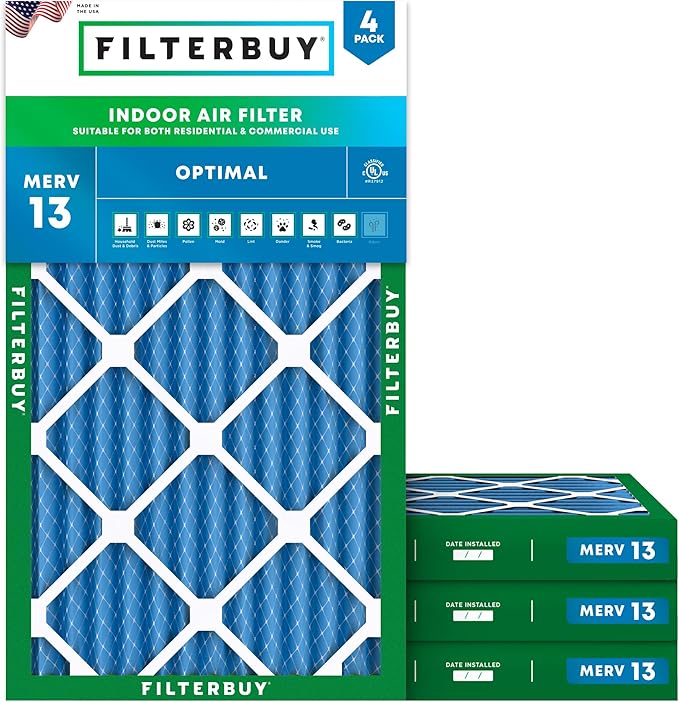 Filterbuy 10x20x2 Air Filter MERV 13 Optimal Smoke & Allergy Defense (4-Pack), Electrostatic Pleated HVAC AC Furnace Filters Replacement, Made in USA (Actual Size: 9.50 x 19.50 x 1.75)