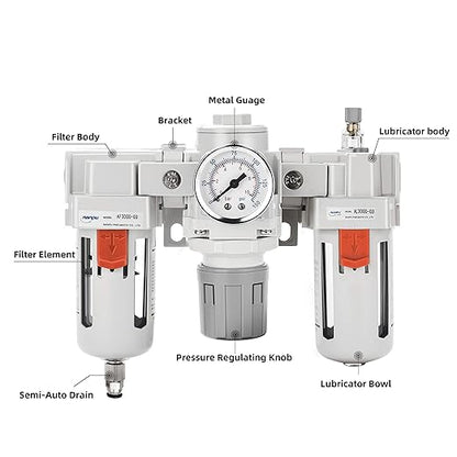 NANPU 3/8" NPT Air Filter, Regulator & Lubricator (FRL) Combo - Water/Oil Trap Separator - Pressure Gauge(0-150 psi), 5 Micron Brass Element, Semi-Auto Drain, Poly Bowl, Metal Bracket