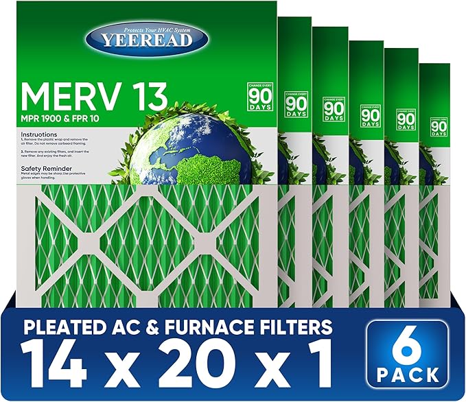14X20x1 MERV 13 Air Filters, 6-Pack, Actual Size: 13.70" x 19.70" x 0.75", Pleated Design with Enhanced Filter Media for Superior Filtration,Perfect for HVAC, AC & Furnace Systems