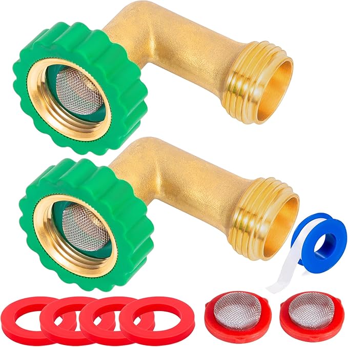 Lead-Free Brass 90°Hose Elbow Fitting,90 Degree Hose Saver Green Quick Swivel Connect Adapter,Thread Size 3/4" Connectors,Hose Protector with Water Filter 2 Pcs