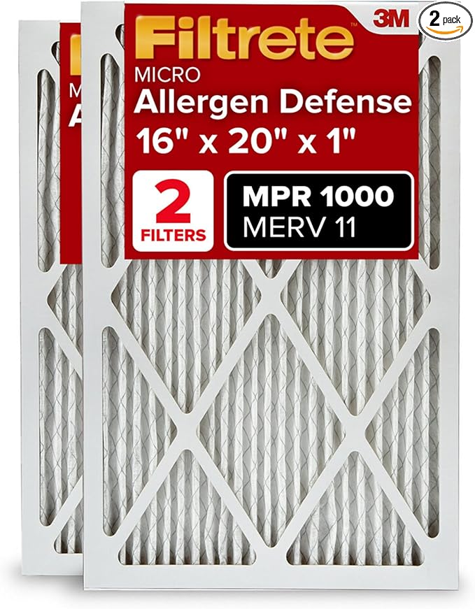 Filtrete 16x20x1 AC Furnace Air Filter, MERV 11, MPR 1000, Micro Allergen Defense, 3-Month Pleated 1-Inch Electrostatic Air Cleaning Filter, 2 Pack (Actual Size 15.719 x 19.719 x 0.84 in)