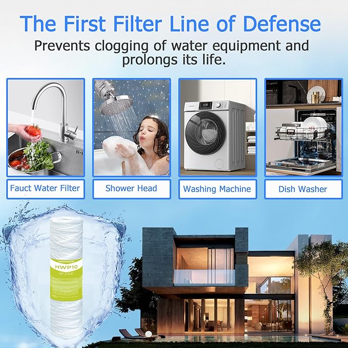 5 Micron Whole House Water Filter Cartridge, String Wound Sediment Filters for Well Water, Universal Replacement for Any 10 inch RO Unit - 10" x 2.5" Cartridges - Pack of 6