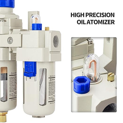 BLCH 1/2" NPT Air Compressor Water Separator - Air Pressure Regulator Compressed Air Filter Regulator Lubricator Combo AC4010-04 Semi-auto Drain Poly Bowl Gauge 0-160 PSI 5μm Brass