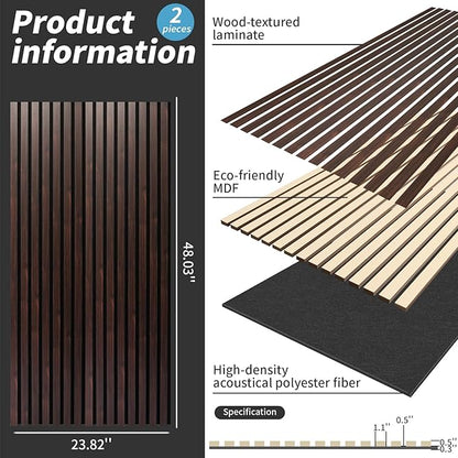 Wood Slat Wall Panel, 48'' x 24'' Wood Panels for Wall, 3D Soundproof Wall Panels, Large Acoustic Panels for Interior Ceiling and Wall Decor Noise Reduction, 2 Pack, Walnut