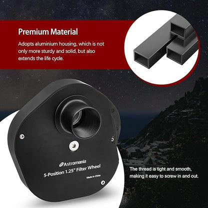 Astromania Filter Wheel for Telescope, Filter Drawer Compatible with 1.25 Inch Telescope Filter for Planet Moon Nebula Observation, 5-Position Filter Wheel Holder Telescope Accessories with T-Adapter