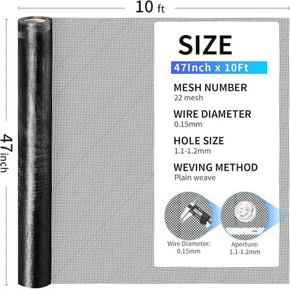 304 Stainless Steel Mesh, 47in x 10ft, 22 Mesh, Sturdy Metal Screen Roll for Window, Door, Air Vents, Filter, Cage, Garden, Patio, Pet (Black, 47inch x 10 feet)