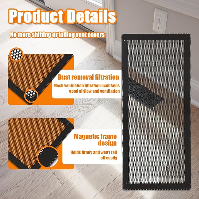 Magnetic Floor Vent Covers- 4"x10" Air Vent Screen Mesh Cover, Floor Register Vent Cover, Magnetic PVC Vent Mesh for Home Wall Ceiling Floor Air Vent Filters (4-Packs)