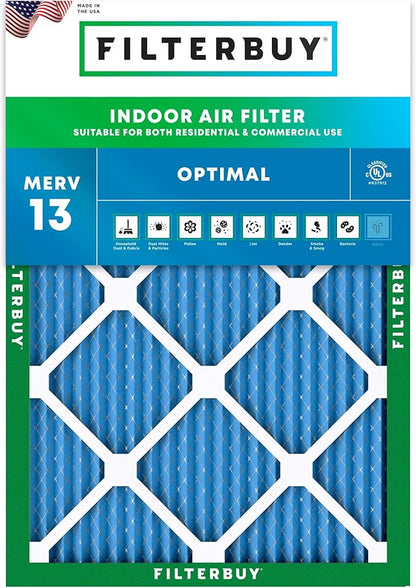 Filterbuy 17x20x1 Air Filter MERV 13 Optimal Smoke & Allergy Defense (1-Pack), Electrostatic Pleated HVAC AC Furnace Filters Replacement, Made in USA (Actual Size: 16.50 x 19.50 x 0.75)