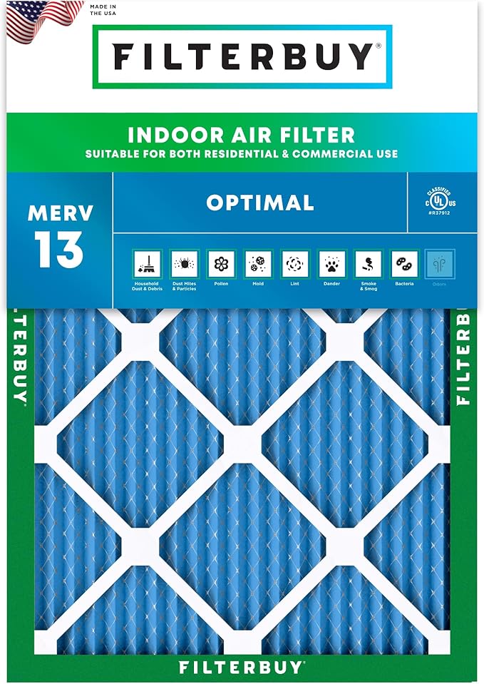 Filterbuy 16x18x1 Air Filter MERV 13 Optimal Smoke & Allergy Defense (1-Pack), Electrostatic Pleated HVAC AC Furnace Filters Replacement, Made in USA (Actual Size: 15.50 x 17.50 x 0.75)