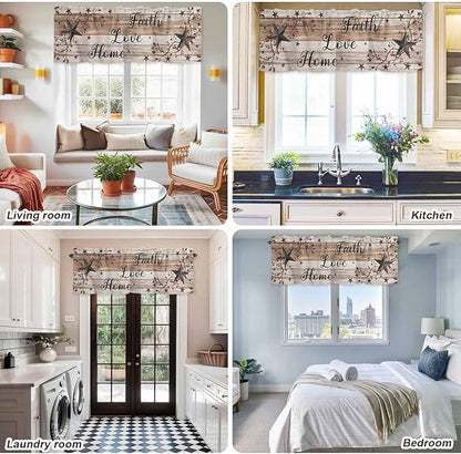 Rustic Star Brown Curtain Valances for Windows, Kitchen Valance Window Treatment, Vintage Plants Berry Wooden Grain Light Filtering Block Curtains for Bathroom/Bedroom/Living Room 42'' x 18''