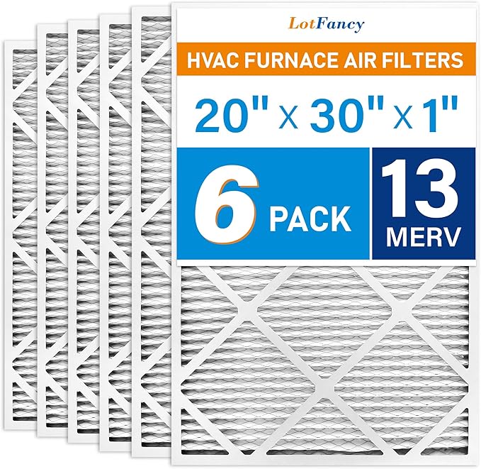 LotFancy 20x30x1 Air Filter MERV 13 6-Pack, Electrostatic Pleated HVAC Furnace Air Filter, Captures Pet Dander Smog Smoke, Actual Size: 19.75"x29.75"x0.75"