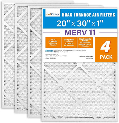 LotFancy 20x30x1 Air Filter MERV 11 4-Pack, Electrostatic Pleated AC Furnace Air Filter, Captures Dust, Smog & Pet Dander, Actual Size: 19.75"x29.75"x0.75"