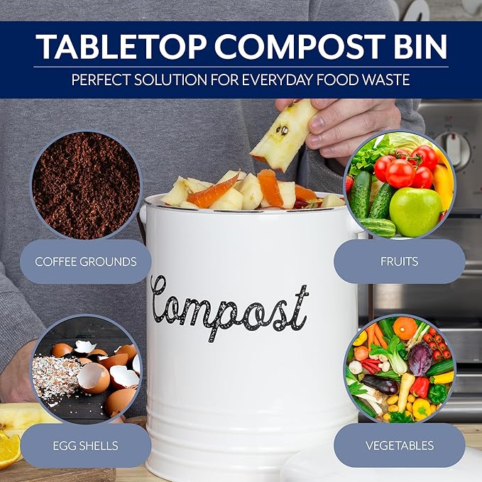 AuldHome Design Kitchen Compost Bin for Countertop | 1.3 Gallon Composting Bucket with Lid | Includes 3 Charcoal Filters | (White Enamel)