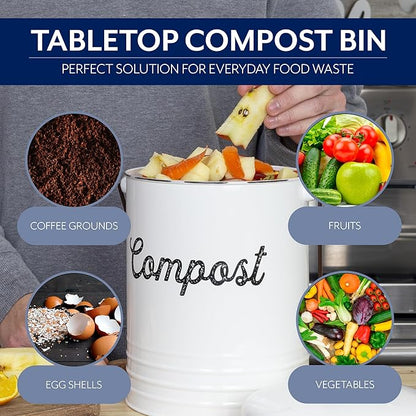 AuldHome Design Kitchen Compost Bin for Countertop | 1.3 Gallon Composting Bucket with Lid | Includes 3 Charcoal Filters | (White Enamel)