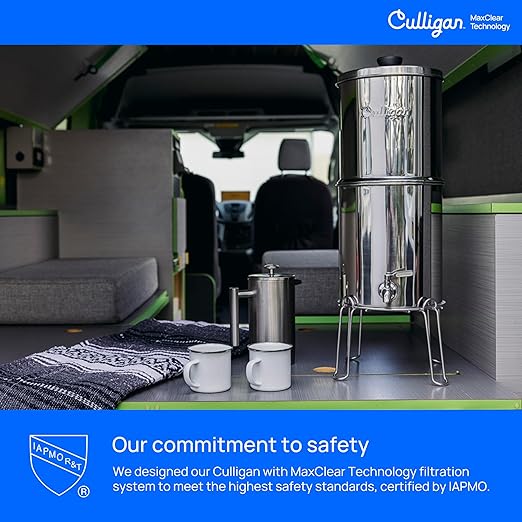 Culligan MaxClear 2.25 Gallon Gravity Water Filter System, Polished Stainless-Steel Countertop Water Filter NSF/ANSI Certified to Reduce Microplastics, Lead & Total PFAS, with 2 Ceramic Filter