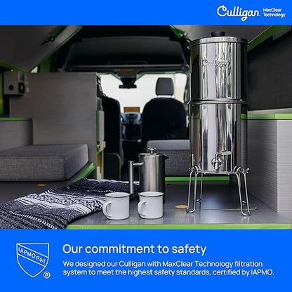 Culligan MaxClear 2.25 Gallon Gravity Water Filter System, Polished Stainless-Steel Countertop Water Filter NSF/ANSI Certified to Reduce Microplastics, Lead & Total PFAS, with 2 Ceramic Filter