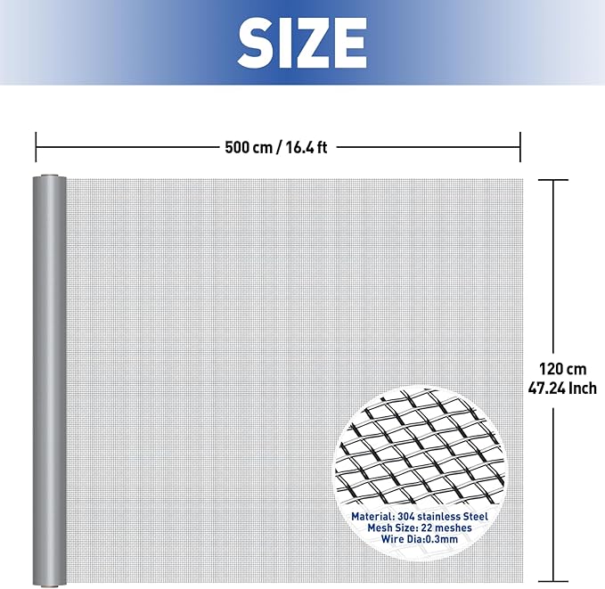 MAGZO 304 Stainless Steel Mesh Screen Roll 47in x 16ft - 22 Mesh Pet Proof Metal Window Screen Replacement, Screen Door Mesh for Patio,Porch,Pet,Cage,Vent Cover,Filter,Gutter Guard,Rodent Protection