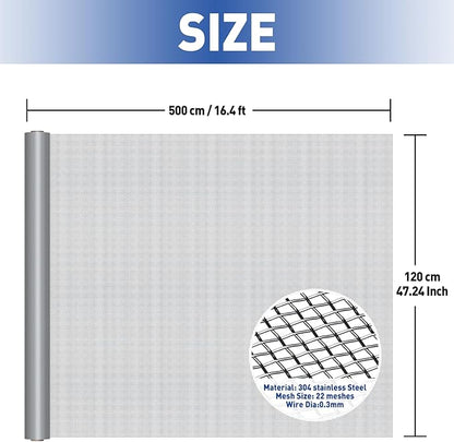 MAGZO 304 Stainless Steel Mesh Screen Roll 47in x 16ft - 22 Mesh Pet Proof Metal Window Screen Replacement, Screen Door Mesh for Patio,Porch,Pet,Cage,Vent Cover,Filter,Gutter Guard,Rodent Protection