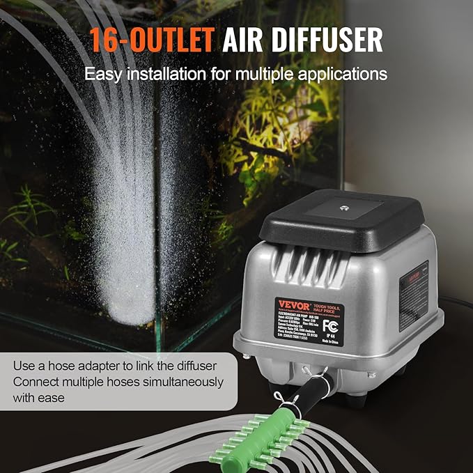 VEVOR Linear Air Pump, 90L/Min Air Flow Septic Aerator Pump, Aeration System for 1/4 Acre 10 FT Deep Ponds, Water Gardens, Waste Treatment, Septic Tanks, Aquariums, Seafood Restaurants, Fish Farms