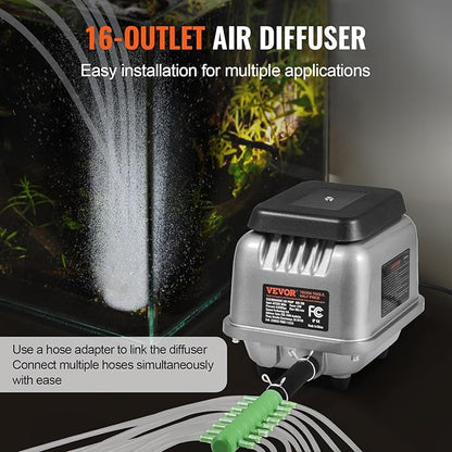 VEVOR Linear Air Pump, 90L/Min Air Flow Septic Aerator Pump, Aeration System for 1/4 Acre 10 FT Deep Ponds, Water Gardens, Waste Treatment, Septic Tanks, Aquariums, Seafood Restaurants, Fish Farms