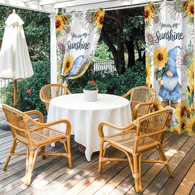 Summer Outdoor Curtains for Patio Sunflowers Gnome Eucalyptus Leaves Waterproof Outside Curtains with Grommet Top Weatherproof Curtain for Cabana Pergola Gazebo, 2 Pack, 54" W x 84" L