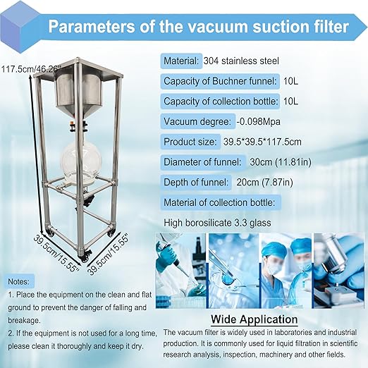 10L Vacuum Filtration System, Negative Pressure Suction Filter with Stainless Steel Buchner Funnel & Glass Filter Flask, Discharge Valve & Brake Casters, for Lab Chemical Industrial Use