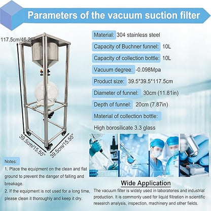 10L Vacuum Filtration System, Negative Pressure Suction Filter with Stainless Steel Buchner Funnel & Glass Filter Flask, Discharge Valve & Brake Casters, for Lab Chemical Industrial Use