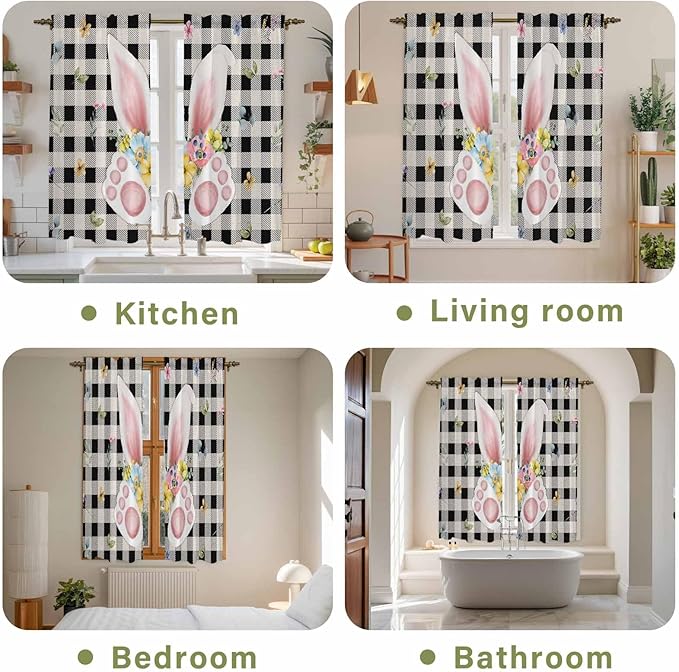 Easter Window Curtains 63 Inch Long 2 Panel Set, Rod Pocket Bedroom Curtains & Drapes, Spring Rabbits Ears Feet Wildflowers Black Plaid Light Filtering Window Treatment for Living Room 42"W x 63"L