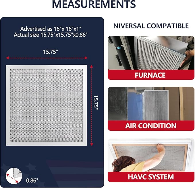 16x16x1 (Actual Size:15.47x15.47x0.82 Air Filter, Washable & Reusable Aluminum AC/HVAC Furnace Electrostatic Filter, Lifetime Permanent Air Filter, Easy to Clean, Healthier Home/Office)