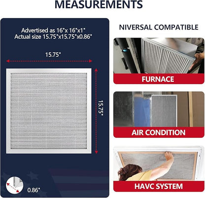 16x16x1 (Actual Size:15.47x15.47x0.82 Air Filter, Washable & Reusable Aluminum AC/HVAC Furnace Electrostatic Filter, Lifetime Permanent Air Filter, Easy to Clean, Healthier Home/Office)