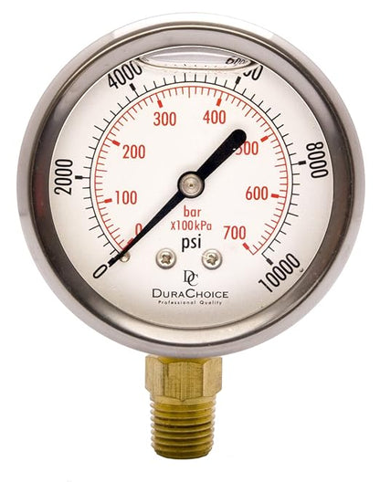 2-1/2" Oil Filled Pressure Gauge - Stainless Steel Case, Brass, 1/4" NPT, Lower Mount Connection, 0-10,000PSI