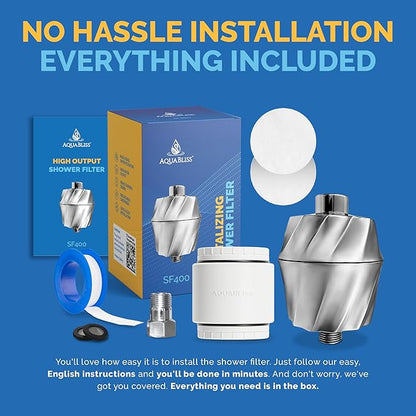 AquaBliss HD Revitalizing Shower Filter - Latest High Output Filtration. 2x Vitamin C, Minerals for Luscious Hair, Skin & Nails - KDF/CS/VC for Reduced Chlorine, Sediment & Metals - Chrome (SF400)