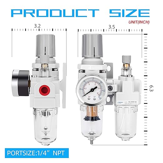 NANPU 1/4" NPT Compressed Air Filter Regulator Lubricator Combo Water/Oil Trap Separator - Gauge(0-150 psi), Poly Bowl, Semi-Auto Drain, Bracket - 3 in 1 Two Unit
