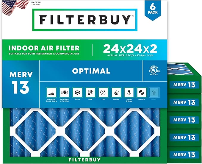 Filterbuy 24x24x2 Air Filter MERV 13 Optimal Smoke & Allergy Defense (6-Pack), Electrostatic Pleated HVAC AC Furnace Filters Replacement, Made in USA (Actual Size: 23.38 x 23.38 x 1.75)