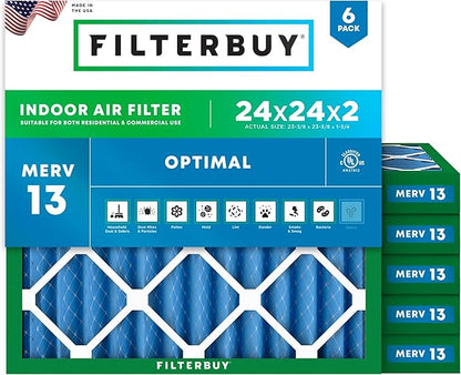 Filterbuy 24x24x2 Air Filter MERV 13 Optimal Smoke & Allergy Defense (6-Pack), Electrostatic Pleated HVAC AC Furnace Filters Replacement, Made in USA (Actual Size: 23.38 x 23.38 x 1.75)