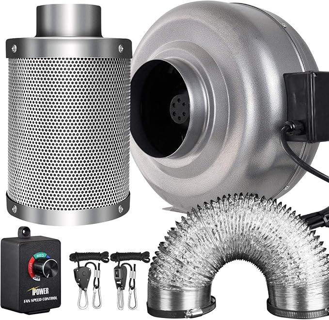 iPower 6 Inch 442 CFM Inline Fan Filter 25 Feet Ducting Combo with Variable Speed Controller & Rope Hanger for Grow Tent Ventilation, Silver