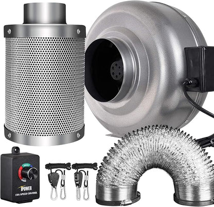 iPower 6 Inch 442 CFM Inline Fan Filter 25 Feet Ducting Combo with Variable Speed Controller & Rope Hanger for Grow Tent Ventilation, Silver