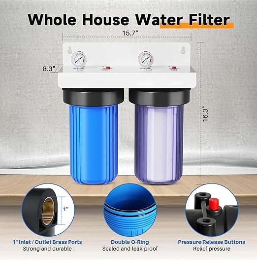 PUREPLUS 2-Stage Whole House Water Filtration System, Reduces Heavy Metals, Chlorine & Odor, 10" x 4.5" Housings, 1" Inlet/Outlet, RFN KDF Carbon & CTO Coconut Shell Filters, Pressure Gauges Included