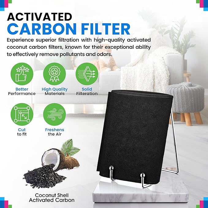 Cut to Fit Activated Carbon Filter Sheet 16” x 48” - Activated Carbon Air Filter for Air Purifiers Window AC Air Vent And More - Charcoal Filters Remove Odors & Freshens the Air (2-Pack)