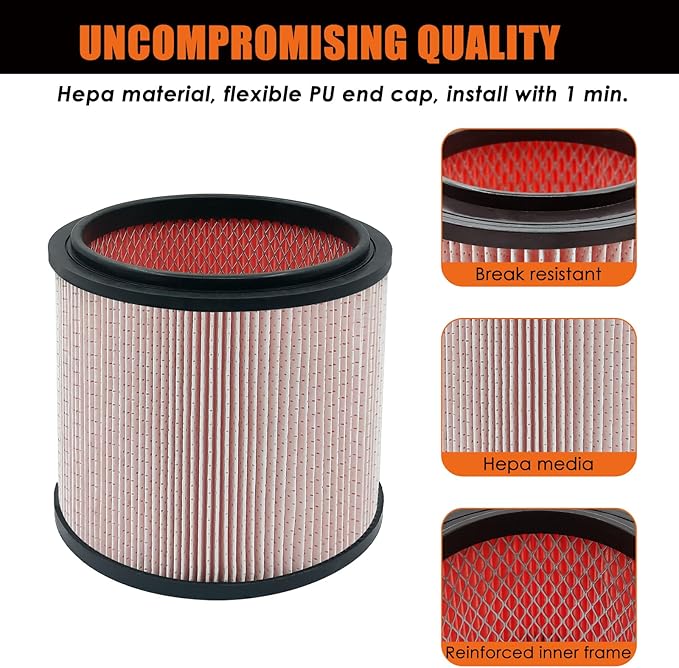 Fine Dust Replacement Filter for Vacmaster 5-20 Gallon/Hart Shop Vacuum 5-17 Gallon, Replaces Hart VCFS 3701 Filter/VCFF Filter, Fits most Shop-Vac/Craftsman Vacuum, with 2x Wet Foam Sleeve