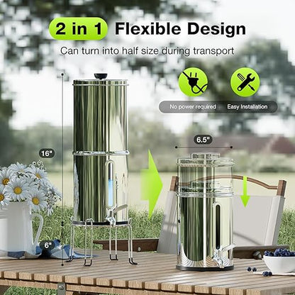 Purewell 1.0 Gallon Portable Gravity Water Filter System, 3-Stage 0.01μm Ultra-Filtration Countertop System with Water Level Window and Stand, Reduce 99% Chlorine, for Camping, RVing, Home (PW-1G-K)