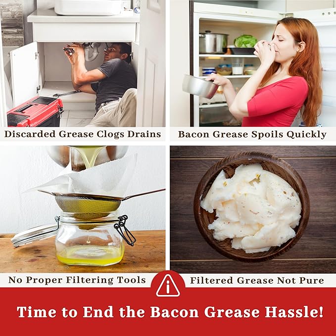 Bacon Grease Container with Strainer - With Food-Grade Silicone Spatula, 24oz Enamel Rustic Farmhouse Fat Container, Keeper, Recipes, Dishwasher Safe